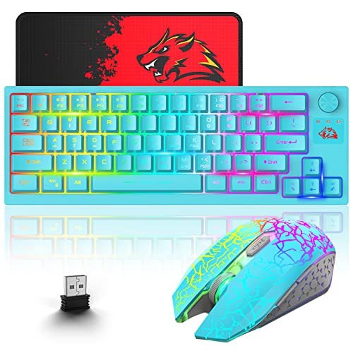 2.4GHz Tastatur Maus Set Kabellos Beleuchtet RGB LED 64 Tasten 60% Wireless Gaming Tastaturen 4000mAh Kabellose Gaming Maus mit 2400 DPI Kabellose und Mauspad kompatibel ps4/ps5/xbox/pc - Blau von ZIYOU LANG