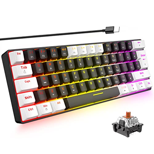 ZIYOU LANG 60% Mechanische Gaming Tastatur 62 Tasten Kompakte Mini Kabelgebundene Tastatur 18 RGB LED Beleuchtung Braune Schalter Schwebenden Tastenkappen für Windows PC PS4 Xbox(Schwarz&Weiß) von ZIYOU LANG