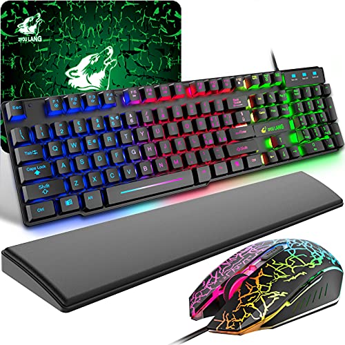 Gaming Tastatur und Maus mit Handgelenkauflage, USB Verkabelt IT Layout Regenbogen LED Hintergrundbeleuchtung Ergonomische Keyboard 6 Tasten 2400 DPI Maus und Mauspad für Windows Mac PS4, Schwarz von ZIYOU LANG