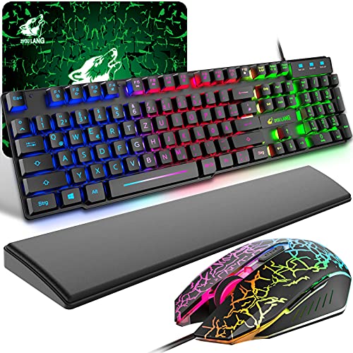 Gaming Tastatur und Maus mit Handballenauflage, QWERTZ Deutsches Layout Regenbogen LED Hintergrundbeleuchtung Ergonomische Keyboard 6 Tasten 2400 DPI Maus und Mauspad für Windows Mac PS4, Schwarz Gaming Tastatur und Maus mit Handballenauflage, QWERTZ Deutsches Layout Regenbogen LED Hintergrundbeleuchtung Ergonomische Keyboard 6 Tasten 2400 DPI Maus und Mauspad für Windows Mac PS4, Schwarz von ZIYOU LANG