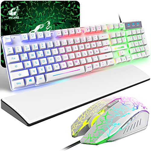 Gaming Tastatur und Maus mit Handballenauflage, QWERTZ Deutsches Layout Regenbogen LED Hintergrundbeleuchtung Ergonomische Keyboard 6 Tasten 2400 DPI Maus und Mauspad für Windows Mac PS4, Weiß Gaming Tastatur und Maus mit Handballenauflage, QWERTZ Deutsches Layout Regenbogen LED Hintergrundbeleuchtung Ergonomische Keyboard 6 Tasten 2400 DPI Maus und Mauspad für Windows Mac PS4, Weiß von ZIYOU LANG