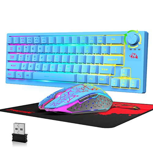 ZIYOU LANG T50 Kabelloses Gaming Tastatur und Maus Set, 4000mAh Rechargeable Halbmechanische Regenbogen Light Up Keyboard 60% Kompakte 64 Tasten, QWERTY+2400 DPI Mute Mäuse+Mauspad für PC Mac-Blau von ZIYOU LANG