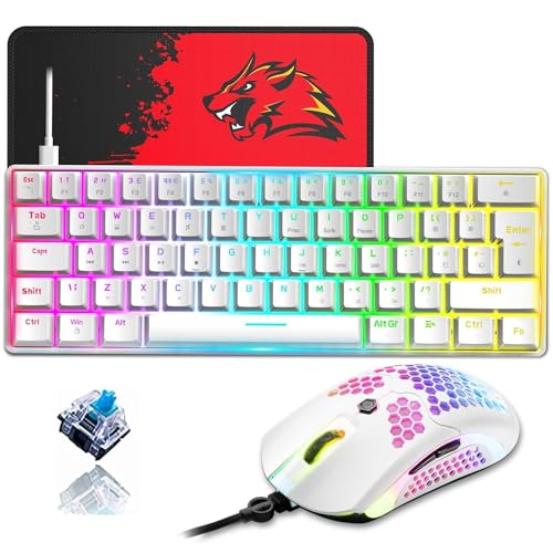 ZIYOU LANG T60 60% mechanische Gaming-Tastaturmaus [UK-Layout] – RGB-Beleuchtung, Typ C, ergonomische Mini-Tastatur, 12.000 DPI, USB-Wabenmaus – Weiß+Blauer Schalter von ZIYOU LANG