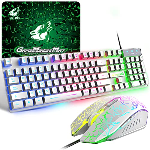 Packs Tastatur und Gaming-Maus, spanische Layout-Tastatur mit Hintergrundbeleuchtung mit 104 Tasten, Maus mit 2400 dpi, USB-Kabel, kompatibel mit Windows Mac PC PS4 Xbox, Weiß von ZIYOU LANG