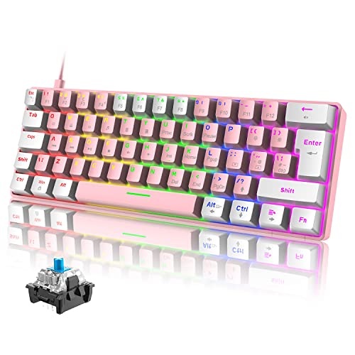 ZIYOU LANG T61 Portable 60% Gaming Mechanische Tastaturen mit Blauem Schalter, 19 Rainbow Light up Keyboard, UK Layout USB-C Kabel Mini Kompakte 62 Tasten Anti-Ghosting für PC Mac PS4 Xbox-Rosa & Weiß von ZIYOU LANG