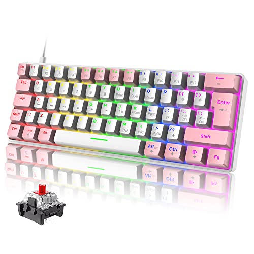 ZIYOU LANG T61 Portable 60% Gaming Mechanische Tastaturen mit Rote Schalter, 19 Rainbow Light up Keyboard, UK Layout USB-C Kabel Mini Kompakte 62 Tasten Anti-Ghosting für PC Mac PS4 Xbox-Weiß & Rosa von ZIYOU LANG