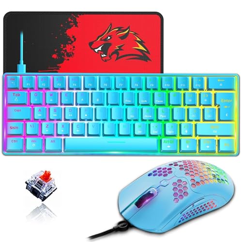 ZIYOU LANG T60 60% Mechanische Gaming-Tastatur Und -Maus [UK-Layout] – RGB-Beleuchtung, Typ C, Ergonomische Mini-Tastatur – 12000 DPI, USB-Wabenmaus, PC-Computer – Blauer + Roter Switch von ZIYOU LANG