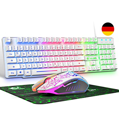Kabelgebundene weiße Gaming-Tastatur mit Maus Deutsches Layout QWERTZ Kabelgebundene Tastatur LED-RGB-Hintergrundbeleuchtung 2400 DPI 6-Tasten-Maus Tastatur und Maus kompatibel mit PC PS5 PS4 Xbox Kabelgebundene weiße Gaming-Tastatur mit Maus Deutsches Layout QWERTZ Kabelgebundene Tastatur LED-RGB-Hintergrundbeleuchtung 2400 DPI 6-Tasten-Maus Tastatur und Maus kompatibel mit PC PS5 PS4 Xbox von ZIYOU LANG
