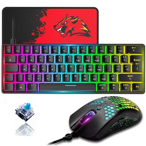 ZIYOU LANG T60 60% Mechanische Gaming-Tastatur Und -Maus [UK-Layout] – RGB-Beleuchtung, Typ C, Ergonomische Mini-Tastatur – 12000 DPI, USB-Wabenmaus, PC-Computer – Schwarz + Blauer Switch von ZIYOU LANG