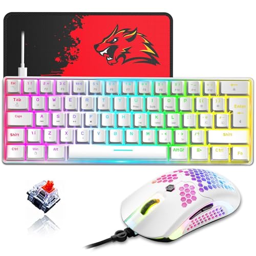 ZIYOU LANG 60% Compact RGB Gaming mechanische Tastatur Weiß Set Combo - Rot Schalter - Mini QWERTY Layout Abnehmbares USB-C Kabel - 12000 DPI Bienenwabe Programmierung Maus für pc ps4 Xbox Tablet von ZIYOU LANG