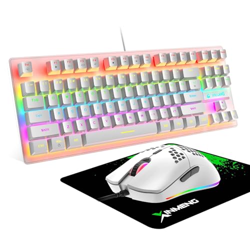 ZIYOU LANG Weiß Wired Gaming-Tastatur-Maus-Set, TKL 80% QWERTY Layout, Kompakt 87 Tasten, Klickbarer Blauer Schalter, Regenbogen-LED-Backlit Mechanische Tastatur + 6400 DPI Leichte Honeycomb Mouse von ZIYOU LANG