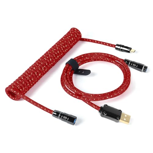 ZIYOU LANG & ATTACKSHARK C05 Benutzerdefiniertes Spiralkabel Abnehmbare Fliegerstecker aus Kupfer CNC geflochten Doppelhülse 1,6 m USB-C auf USB-A für Tastatur/PC/Telefon (Rot) von ZIYOU LANG