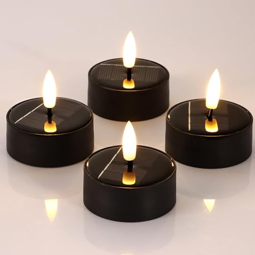 ZIYOUDOLI 4er Solar LED Teelichter Outdoor Wasserdicht LED-Kerzen mit Timerfunktion & Warmweißes Flackern 6 x 6cm（Schwarz Anzug） Geeignet für den Einsatz im Garten Camping von ZIYOUDOLI
