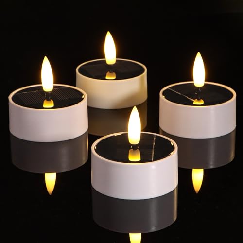 ZIYOUDOLI 4er Solar LED Teelichter Outdoor Wasserdicht LED-Kerzen mit Timerfunktion & Warmweißes Flackern 6 x 6cm（weißer Anzug） Geeignet für den Einsatz im Garten Camping von ZIYOUDOLI