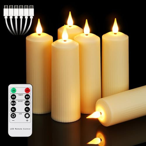ZIYOUDOLI 6er LED Kerzen Wiederaufladbaren Aufladbare mit Fernbedienung Elektrische Outdoor kerzen mit Timer Wasserdicht Römische Säulenmodellier LED Kerze (5x17cm) Type-C Aufladen von ZIYOUDOLI