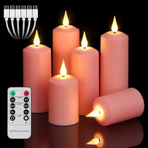 ZIYOUDOLI 6 Stück Aufladbare Rosa LED Kerzen Wiederaufladbaren mit Flackernde Fernbedienung mit Timerfunktion Flamme Kerze Elektrische Kerze von ZIYOUDOLI