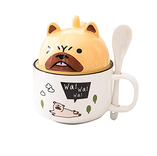 ZIYUEZIKUN Kaffeetasse Mit Deckel und Löffel，Niedlich Tier Keramik Tasse，Hohe Kapazität Porzellantasse，Geeignet für Tee, Kaffee, Milch, Saft usw-Bulldog von ZIYUEZIKUN