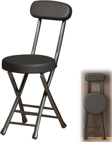UIILO 45cm Klapphocker mit Rückenlehne und Fußstütze,Tragbarer Runder Gepolsterter Frühstückshocker für Küche, Esszimmer, Büro,Faltbarer Barhocker (Color : Schwarz) von UIILO