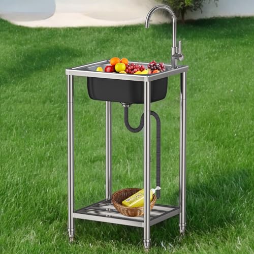 Edelstahl Spülbecken Mit Lagerregalen, 38 * 33cm Movable Einzelbecken-waschbecken Camping Spüle Kommerzielles Mit Wasserhahn Für Outdoor Hinterhof Küche Restaurant Garage Garten Bar von ZJDCQGS