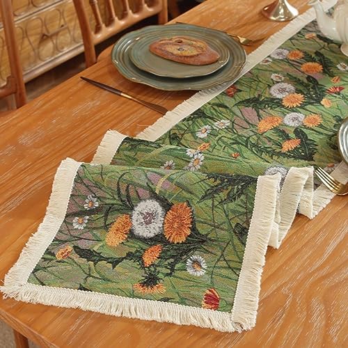 Tischläufer, modernes Leinen mit Quasten, gewebter Jacquard, amerikanisches Land, Vintage, grüner Löwenzahn, Blumenmuster, Retro-Luxus, Tischläufer für Esstisch, Dekorieren von Schlafzimmer, Schrank von ZJDYDY