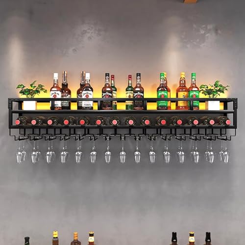 Wandmontierte Weinregale mit LED-Licht, schwebender Bar-Ausstellungsständer, multifunktionaler Flaschenhalter aus Eisen, Weinregal für Schränke, hängendes Kelchregal, für Heimbar, Esszimmer-Dekorati von ZJDYDY