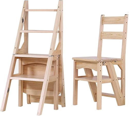 ZJFJMBD Klappbarer 4-Stufen Leiter Stuhl aus Holz, Klappbarer tragbarer Leiter Tritthocker, Umwandelbarer Präsentations ständer Stuhl für Bibliothek Büro Zuhause Küche Outdoor von ZJFJMBD