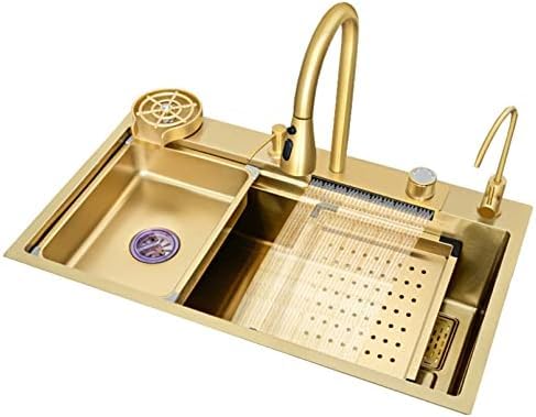 304 Edelstahl Küchenspüle - Große Einzelrille Wasserfall Gemüsebecken 75 x 45 cm Nano Edelstahl Unterbauspüle Gold Finish von ZJGFCB