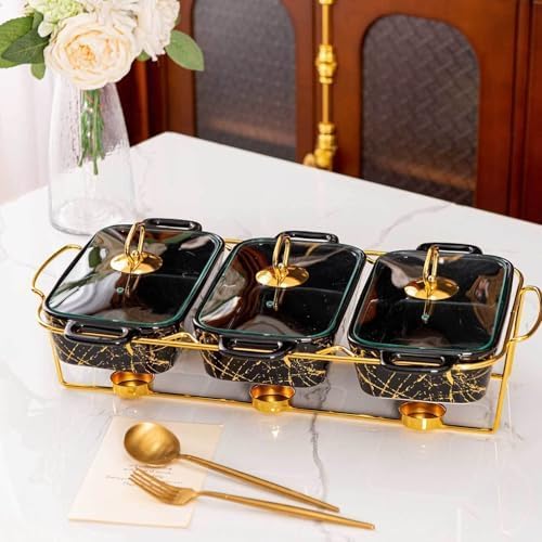 Chafing Dish Set – 3-in-1 Keramik-Warmschalen und Buffetwärmer mit Glasdeckel – 3 x 0,9 QT zum Servieren und Erwärmen (Farbe: A) von ZJGFCB