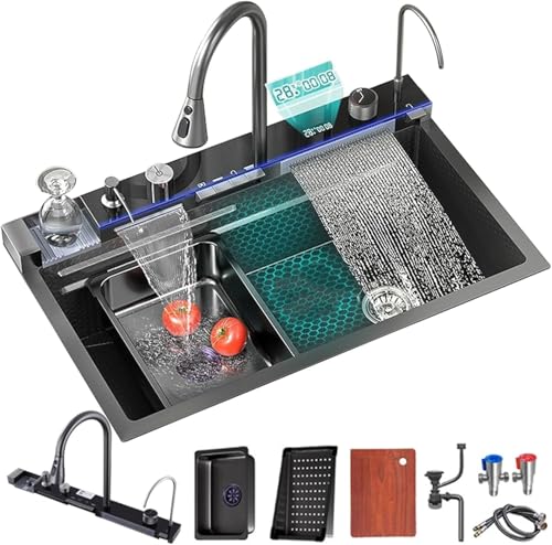 Küchenspüle, multifunktionales Digitaldisplay, Wasserfallspüle mit Tassenwascher, Seifenspender, Regenwasserfall, Tischsteuerung und anderen Funktionen mit LED-Display (Größe: 80 x 46 x 22 cm) von ZJGFCB