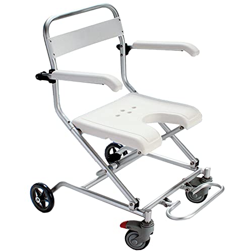 Radstuhl Duschbadhocker mit Rädern für ältere und behinderte Duschhocker mit Flip -up -Armen und ergonomischem Rücken - Rollstuhl + Duschstuhl Zwei in einem von ZJGFCB