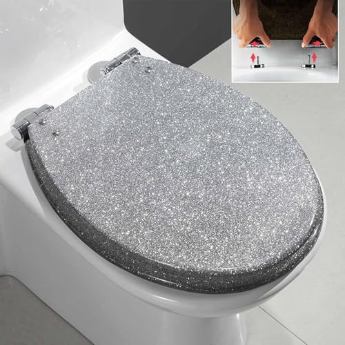 ZJGFCB Glitzernder WC-Sitz, Absenkautomatik, langsam schließend, glitzerndes Harz, WC-Sitz, Badezimmer-WC-Deckel mit Befestigungssystem oben und unten, oval (Farbe: B) von ZJGFCB