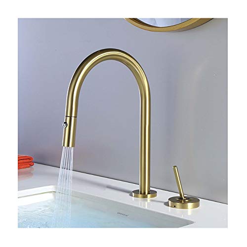 Bathroom Faucet 360° Rotation Brass Brushed Gold Single Handle 2 Hole Bathroom Sink Faucet Deck Mounted Bathroom Sink Mixer Tap with 2 Modes Pull Down Sprayer von ZJHAHJY