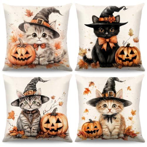 4 Stück Herbst Kissenbezug 40 X 40 Cm,Kissenhülle Herbst Kürbis Deko,Kürbis Kissenbezug,Leinen Kissenhülle,Für Halloween Fall Erntedankfest Thanksgiving Bedroom Wohnzimmer Sofa Dekoration (C) von ZJILIXIA