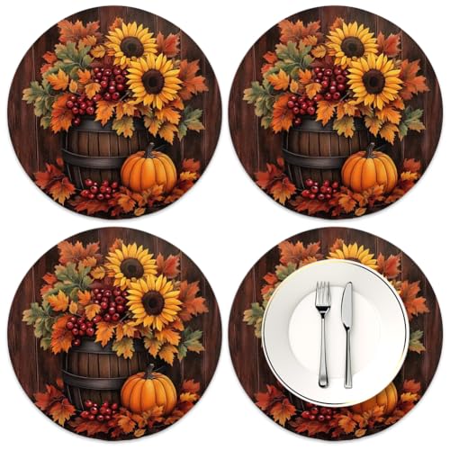 4 Stück Herbst Platzsets,Kürbisse Ahornblätter Sonnenblumen Herbst Runde Platzsets 38x38cm,Tischsets Platzset Abwaschbar,Für Tischunterlage Esstisch,Halloween,Erntedankfest,Küche Party Deko (D) von ZJILIXIA