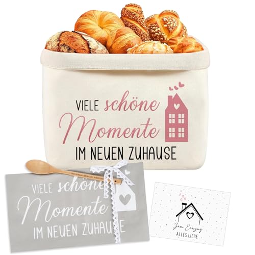 Geschenk zum Einzug Set - Brotkorb | Geschirrtuch | Kochlöffel aus Holz | Grußkarte, Einzugsgeschenke Neue Wohnung, Viele Schöne Momente im Neuen Zuhause von ZJKUBOIS