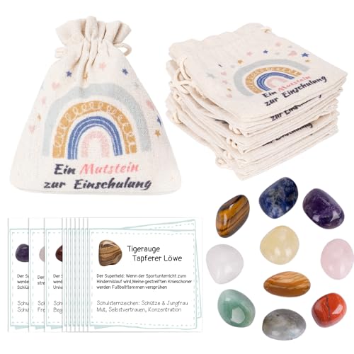 ZJKUBOIS 10 Stück Mutstein für Kinder Einschulung,Geschenke zur Einschulung Set mit Edelsteine Jutesäckchen, Magische Steine Kärtchen, Glückssteine für Mutmacher Kinder Schulanfang von ZJKUBOIS
