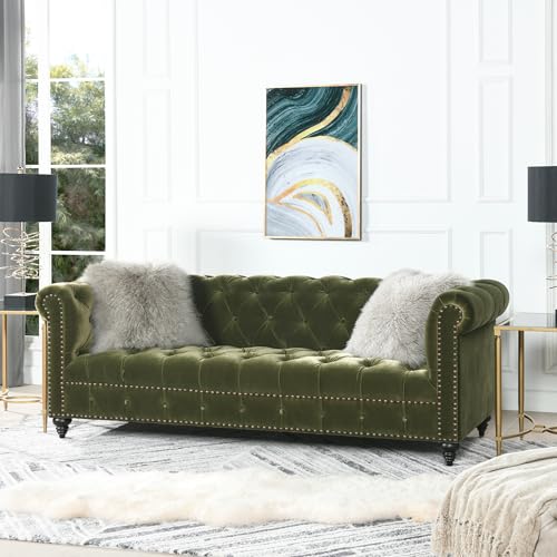 ZJMTOCYU Elegantes getuftetes Chesterfield-Sofa für gemütliche Wohnräume, Performance-Samt, Familienfeiern oder entspannte Abende, olivgrün von ZJMTOCYU