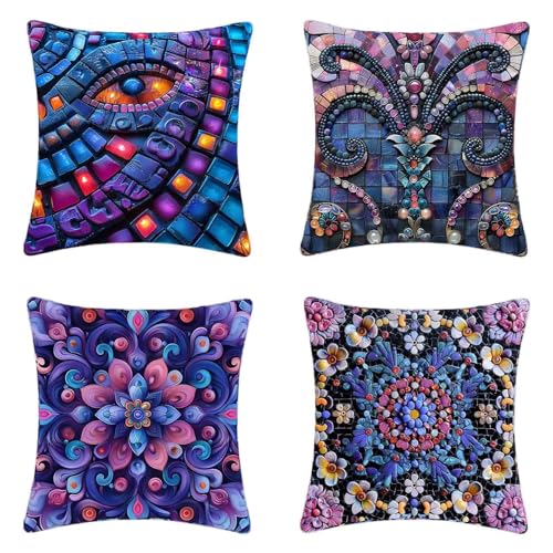 Blau Outdoor Kissen 80 x 80 cm 4er Set, Wasserdichter Leinen Kissenbezug Mandala Sofakissen HD Drucken Quadratische Dekokissen für Garten Balkon Wohnzimmer, mit Verstecktem Reißverschluss -2503j63 von ZJNBBDOU