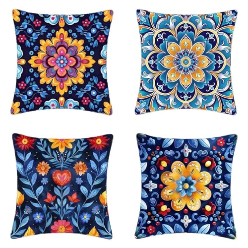 Böhmen Outdoor Kissen 80 x 80 cm 4er Set, Wasserdichter Leinen Kissenbezug Blau Sofakissen HD Drucken Quadratische Dekokissen für Garten Balkon Wohnzimmer, mit Verstecktem Reißverschluss -2503j9R von ZJNBBDOU