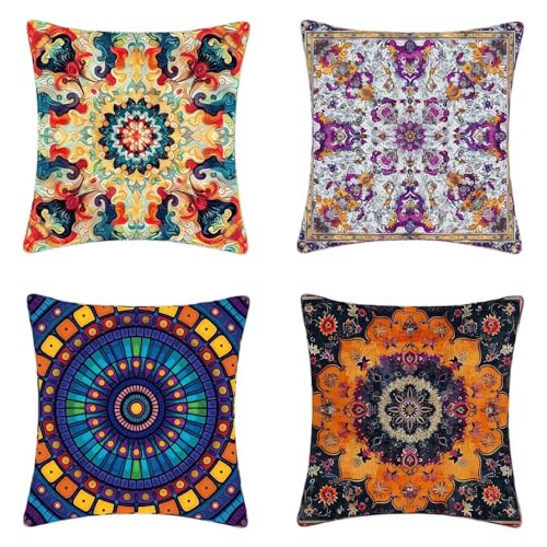 Gelb Outdoor Kissen 80 x 80 cm 4er Set, Wasserdichter Leinen Kissenbezug Mandala Sofakissen HD Drucken Quadratische Dekokissen für Garten Balkon Wohnzimmer, mit Verstecktem Reißverschluss -2503j14 von ZJNBBDOU