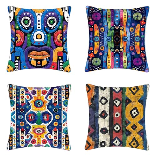 Geometrie Outdoor Kissen 80 x 80 cm 4er Set, Wasserdichter Leinen Kissenbezug Grafik Sofakissen HD Drucken Quadratische Dekokissen für Garten Balkon Wohnzimmer, mit Verstecktem Reißverschluss -2503jJ0 von ZJNBBDOU