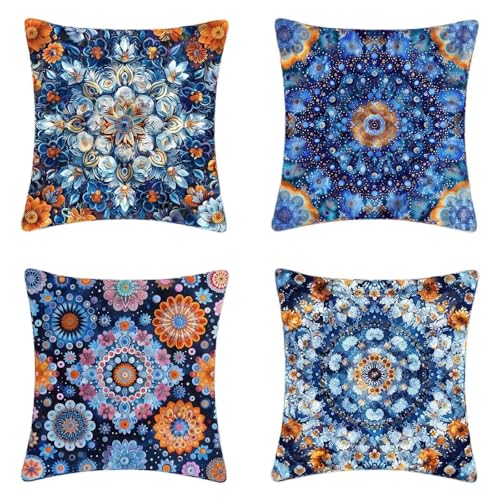 Kissenbezug Blau Kissenbezüge 45x45cm 4er Set, Weich Dekokissen Mandala Musterdesign HD Drucken Quadratische Sofa Kissen mit Verstecktem Reißverschluss für Garten Sofa Couch Wohnzimmer -2503j5A von ZJNBBDOU