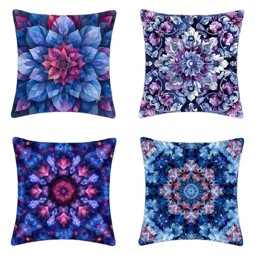 Kissenbezug Blau Kissenbezüge 50 x 50 cm 4er Set, Weich Dekokissen Mandala Musterdesign HD Drucken Quadratische Sofa Kissen mit Verstecktem Reißverschluss für Garten Sofa Couch Wohnzimmer -2503j1T von ZJNBBDOU