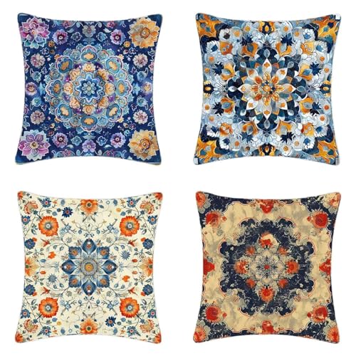 Kissenbezug Blau Kissenbezüge 60 x 60 cm 4er Set, Weich Dekokissen Blume Musterdesign HD Drucken Quadratische Sofa Kissen mit Verstecktem Reißverschluss für Garten Sofa Couch Wohnzimmer -2503j3C von ZJNBBDOU