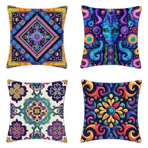Kissenbezug Blau Kissenbezüge 70x70 cm 4er Set, Weich Dekokissen Blume Musterdesign HD Drucken Quadratische Sofa Kissen mit Verstecktem Reißverschluss für Garten Sofa Couch Wohnzimmer -2503jSX6F von ZJNBBDOU