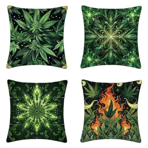 Kissenbezug Grün Kissenbezüge 45x45 cm 4er Set, Weich Dekokissen Blatt Musterdesign HD Drucken Quadratische Sofa Kissen mit Verstecktem Reißverschluss für Garten Sofa Couch Wohnzimmer -2503j73I7 von ZJNBBDOU