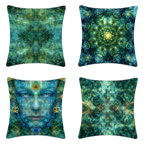 Kissenbezug Grün Kissenbezüge 50 x 50 cm 4er Set, Weich Dekokissen Mandala Musterdesign HD Drucken Quadratische Sofa Kissen mit Verstecktem Reißverschluss für Garten Sofa Couch Wohnzimmer -2503j73Z von ZJNBBDOU
