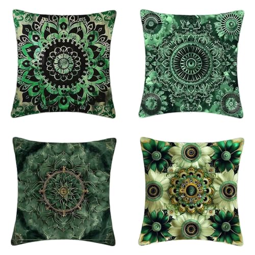 Kissenbezug Grün Kissenbezüge 80 x 80 cm 4er Set, Weich Dekokissen Mandala Musterdesign HD Drucken Quadratische Sofa Kissen mit Verstecktem Reißverschluss für Garten Sofa Couch Wohnzimmer -2503jD8 von ZJNBBDOU