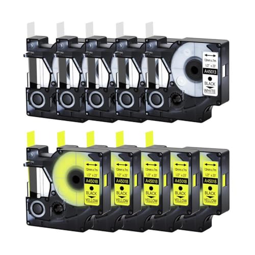 ZJNWTVUH 5Pcs schwarz auf weiß und schwarz auf gelb 12mm Etikettenbändern kompatibel mit D1 45013 45018 45803 Label-Drucker funktioniert mit LabelManager 300 350 350d 360d 400 von ZJNWTVUH