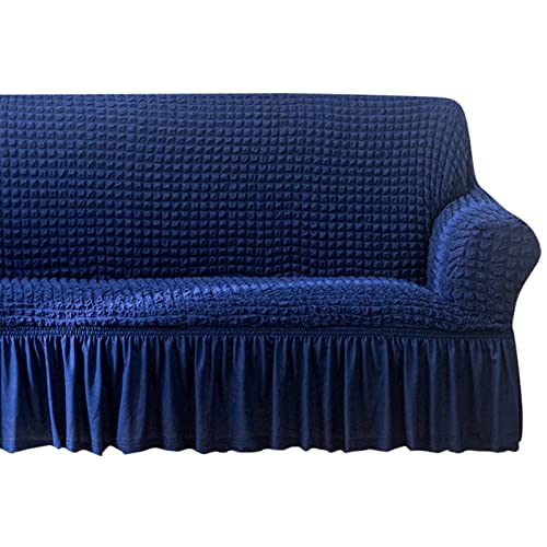 ZJRLY High Stretch Sofabezug Mit Schürze Moderne Sofaüberwurf Seersucker Elastische Sofahusse Für Wohnzimmer Protector Für Hunde Haustiere (Greek Blue,Sofa) von ZJRLY